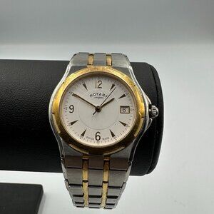 Rotary Watch Men Two Tone Silver Gold Swiss Made Date Window New Battery 8 Inch